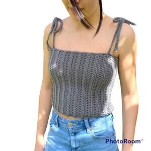 Crochet Ribbed Crop Top Womens Size XS Gray Handmade Tie Straps Stretch ONE OFF